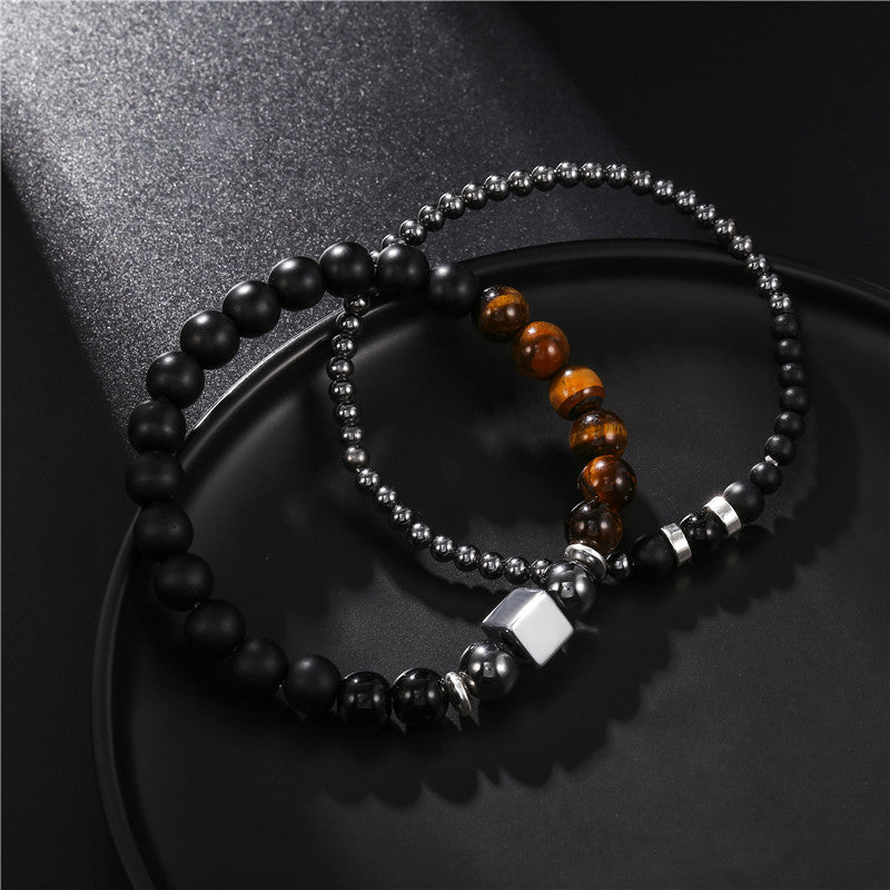 Men's Black Iron Stone Cube Elastic Bracelet