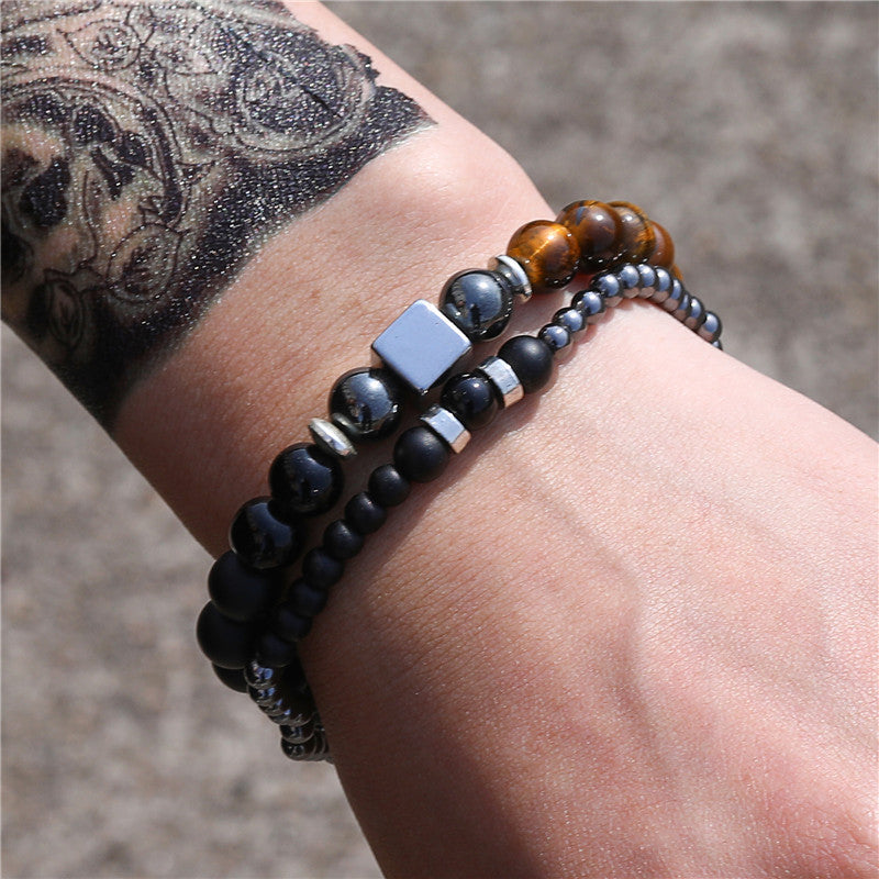 Men's Black Iron Stone Cube Elastic Bracelet