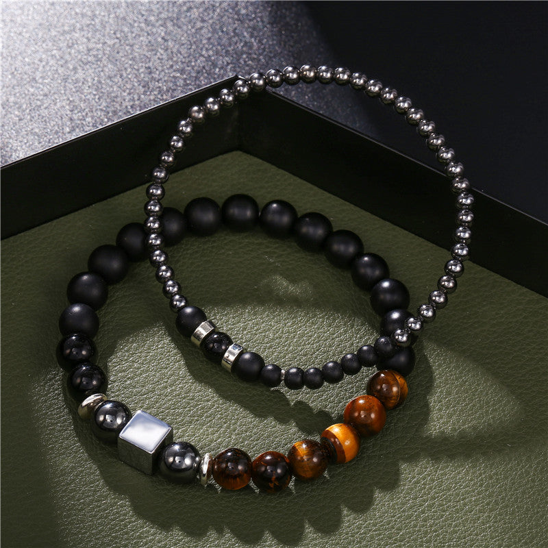 Men's Black Iron Stone Cube Elastic Bracelet