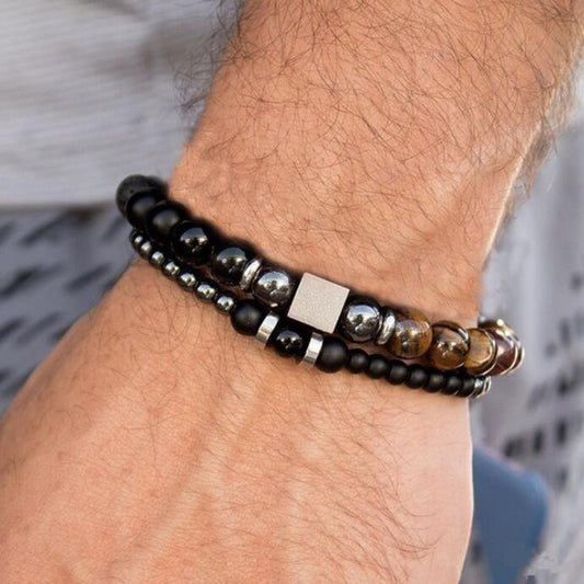Men's Black Iron Stone Cube Elastic Bracelet