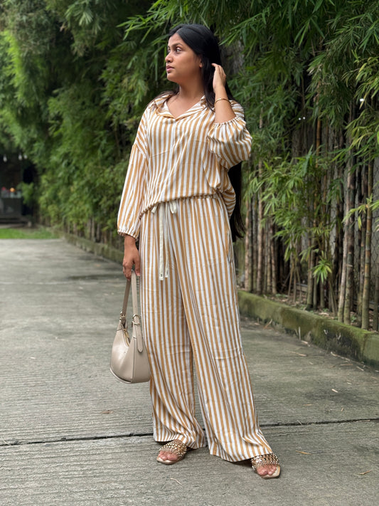 Striped Sleeved Shirt & Loose Pants Two-Piece Set