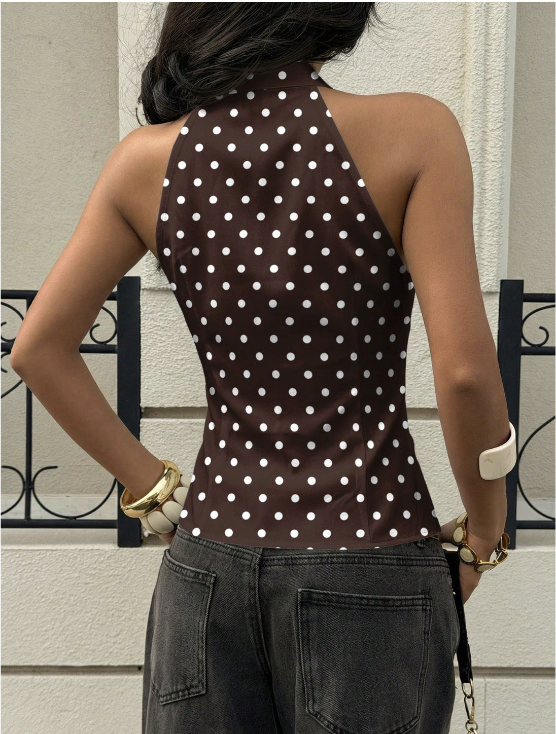 Cross-Border European Dot Shirt with Halter Neck