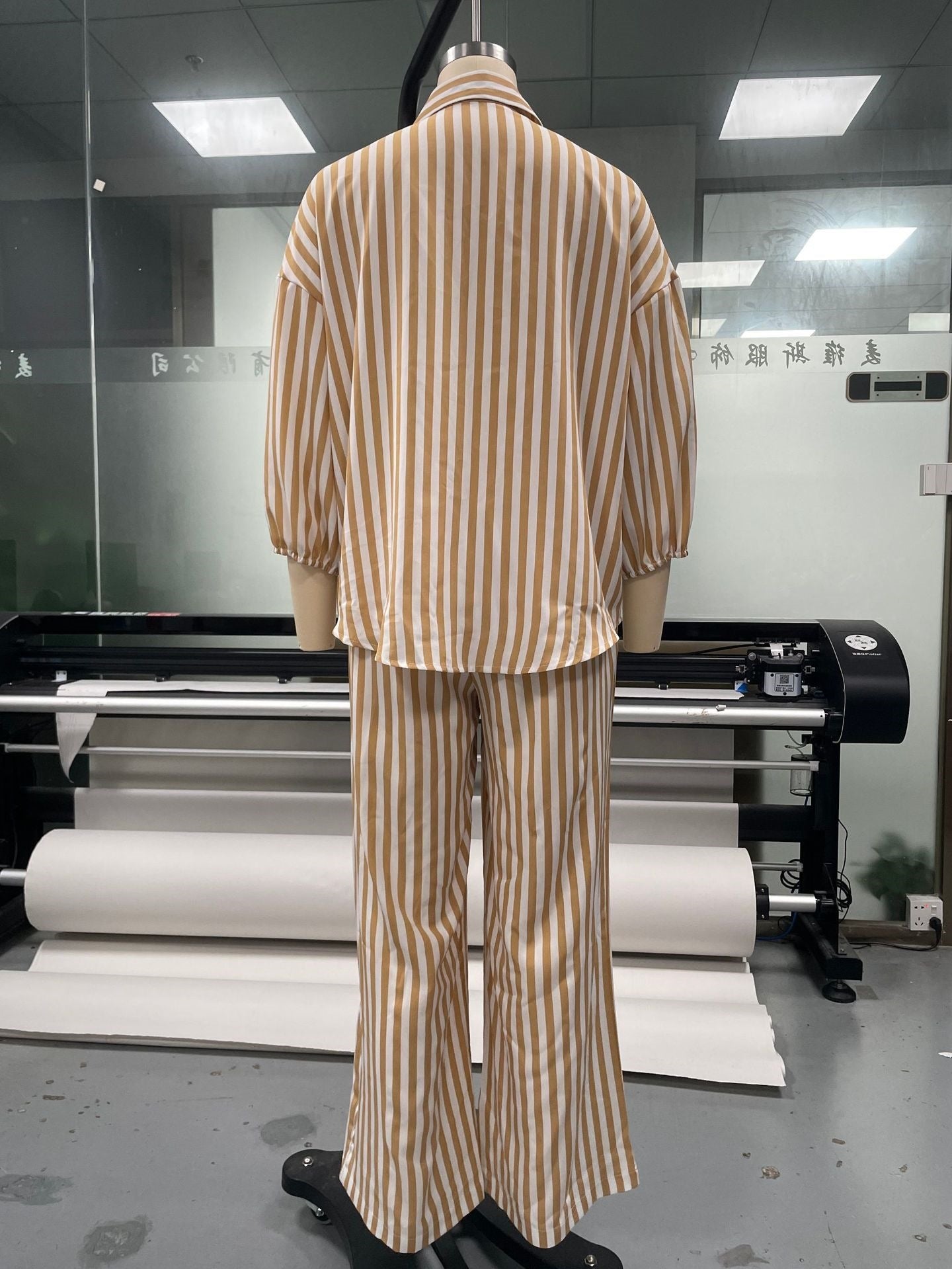 Striped Sleeved Shirt & Loose Pants Two-Piece Set