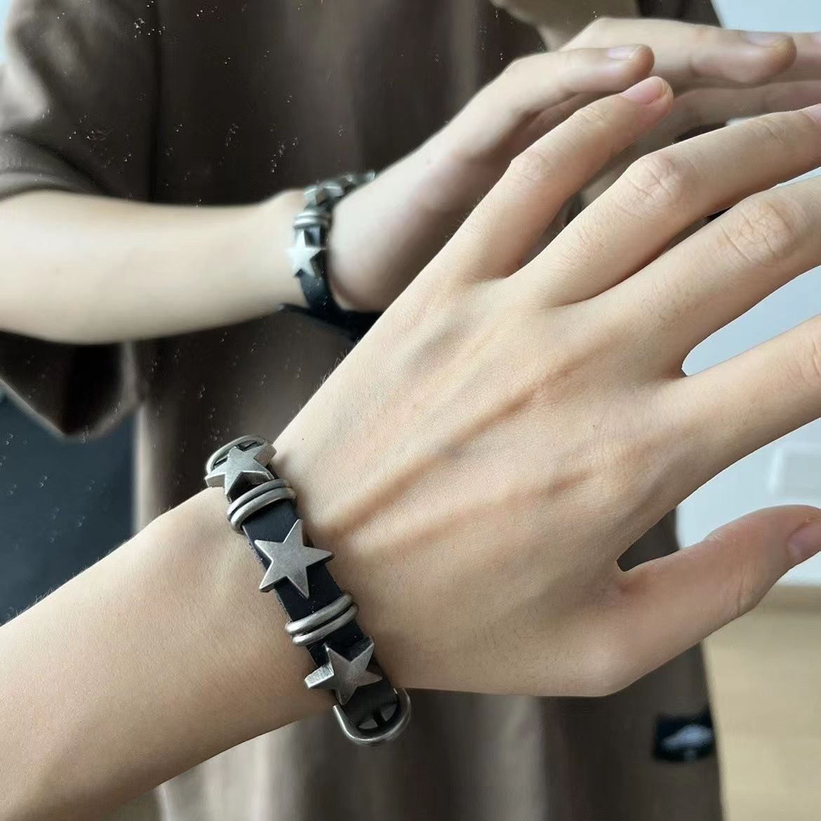 Star Leather Bracelet Black