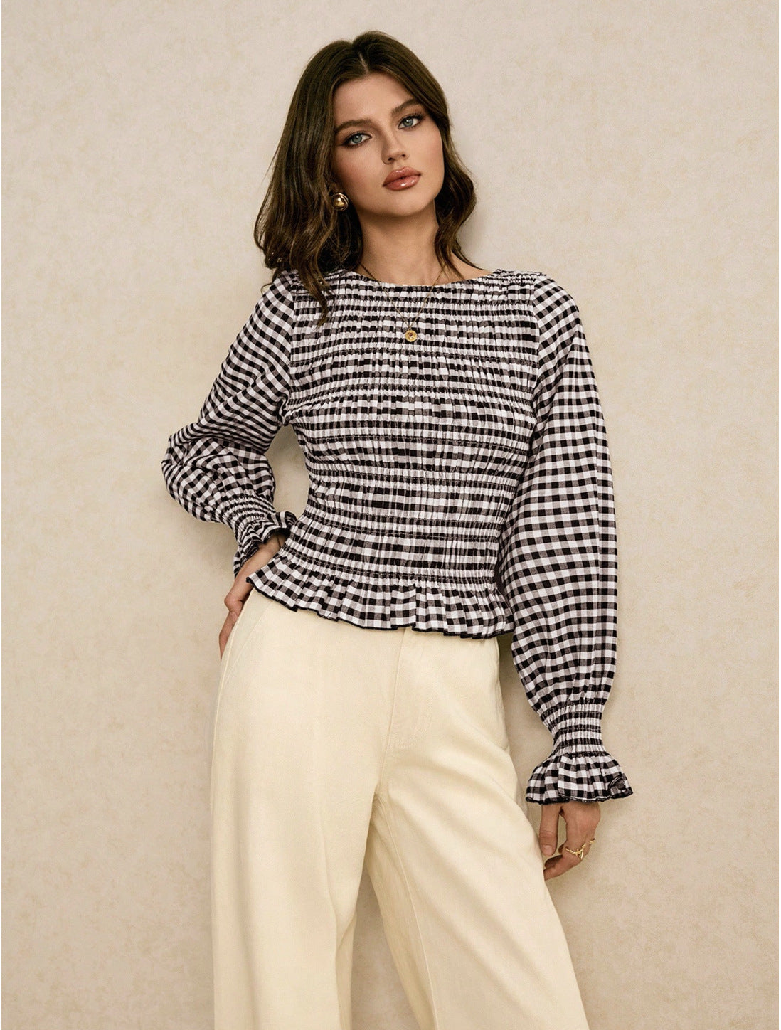Retro plaid long-sleeved T-shirt