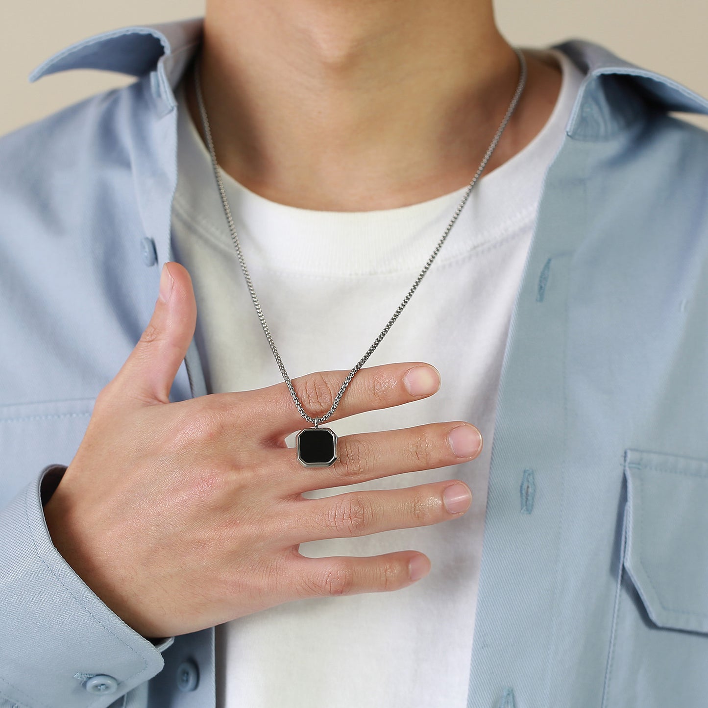 Men's Steel Color Chain & Black Stone Pendant