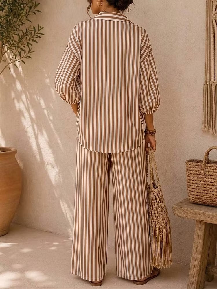 Striped Sleeved Shirt & Loose Pants Two-Piece Set