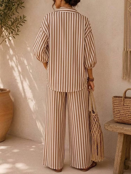 Striped Sleeved Shirt & Loose Pants Two-Piece Set
