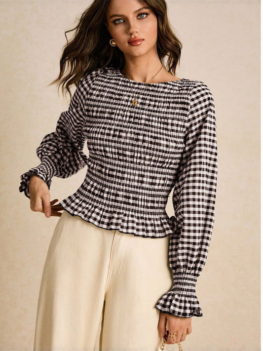 Retro plaid long-sleeved T-shirt