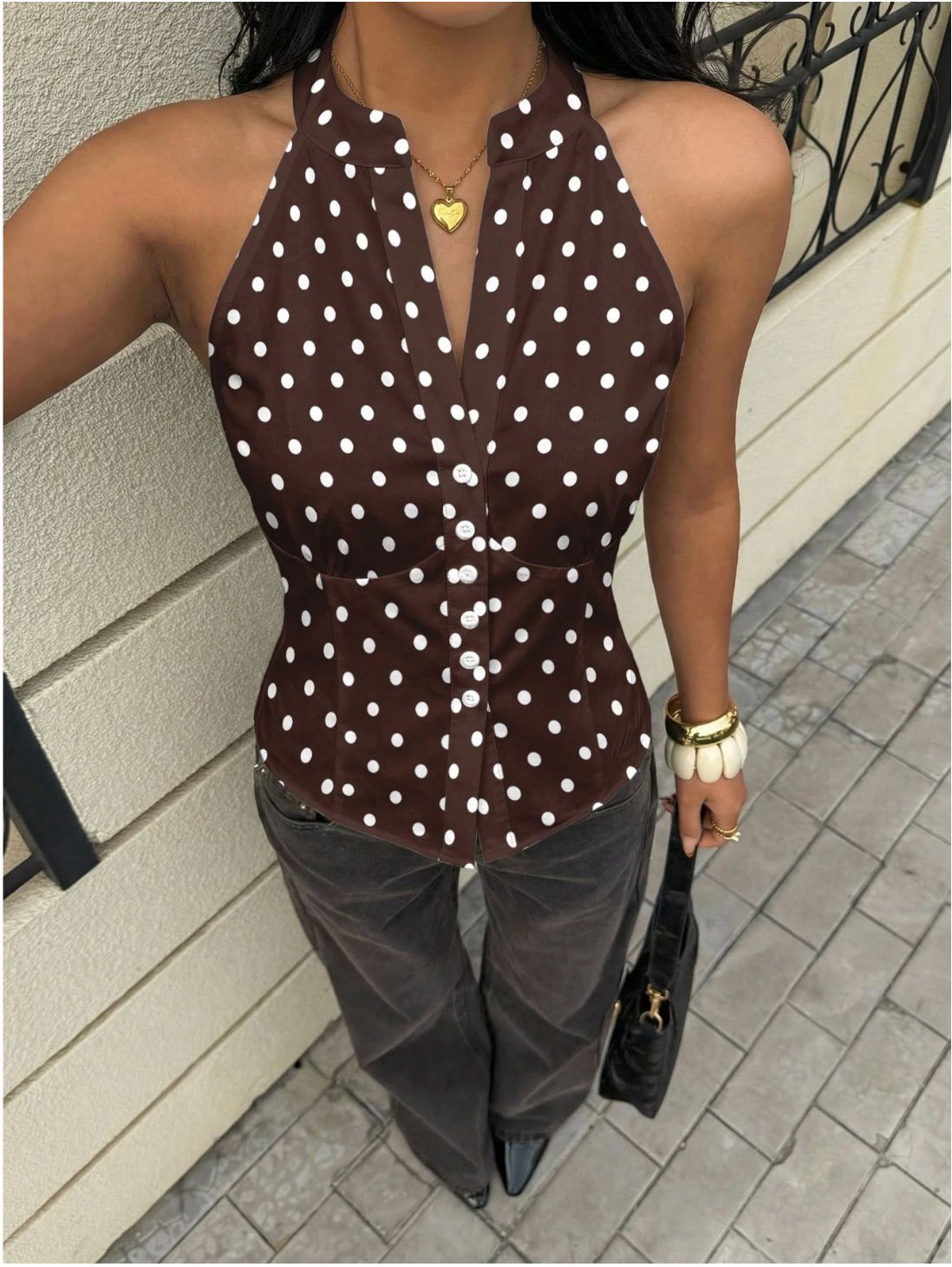 Cross-Border European Dot Shirt with Halter Neck