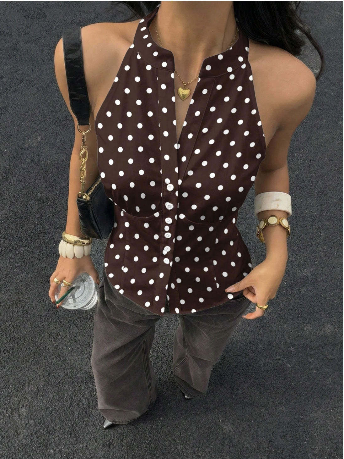 Cross-Border European Dot Shirt with Halter Neck