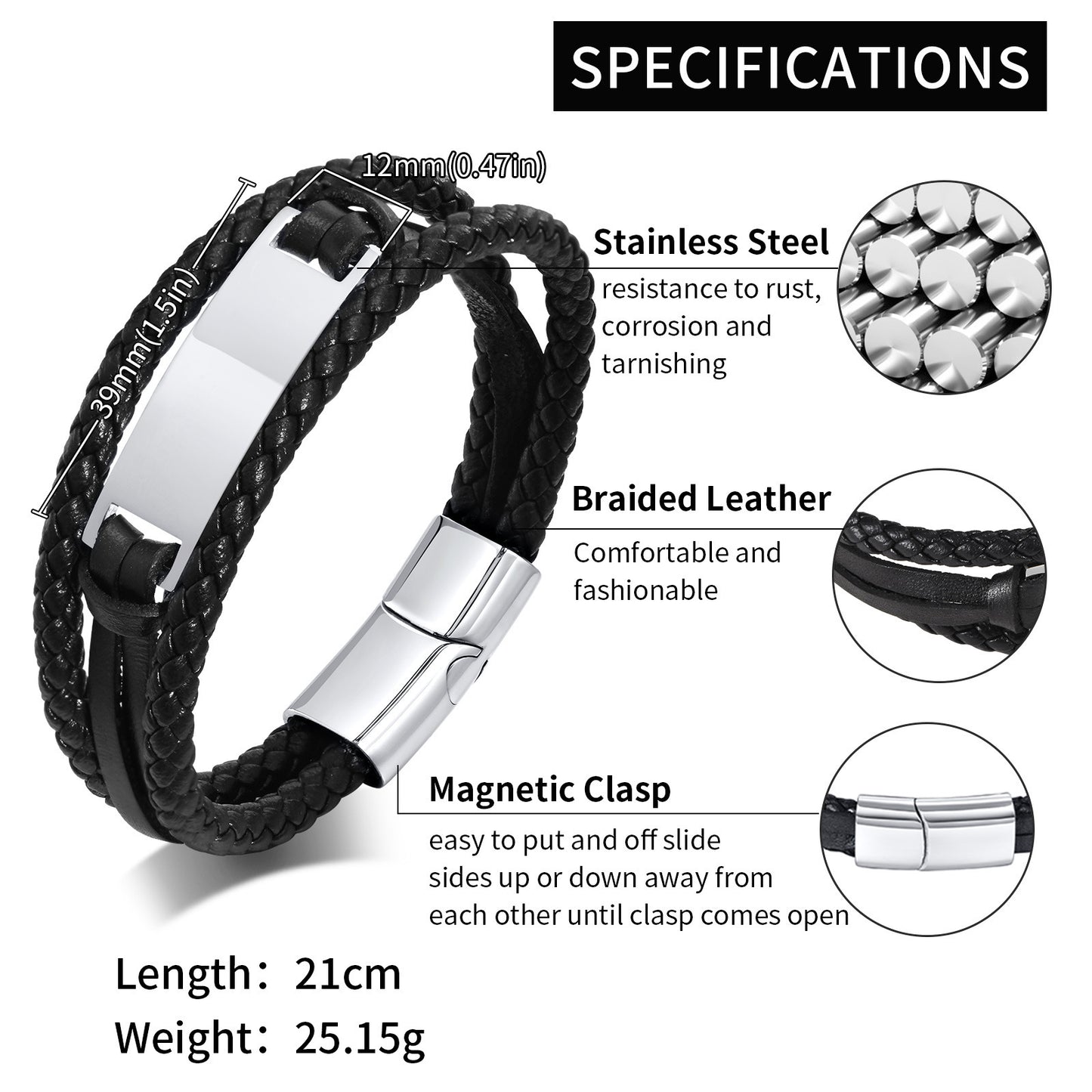 Men's Stainless Steel Leather Bracelet