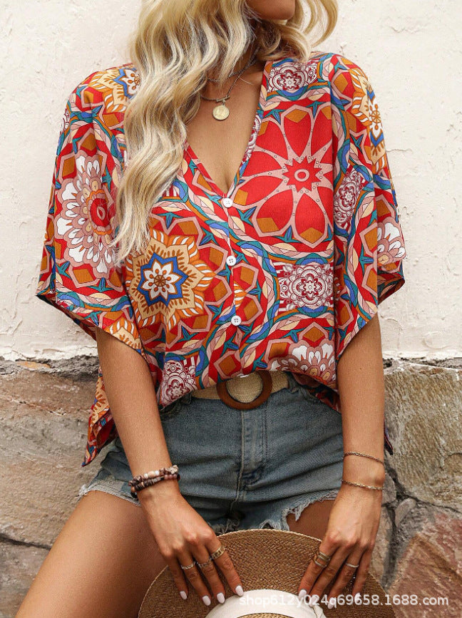 Round Neck Printed V-Neck Shirt