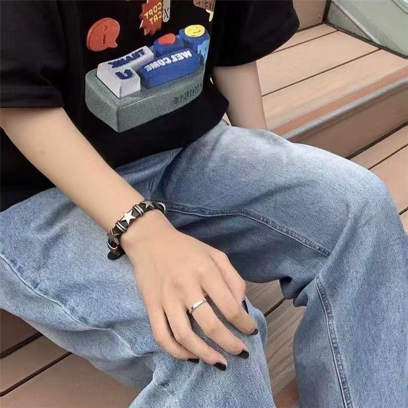 Star Leather Bracelet Black