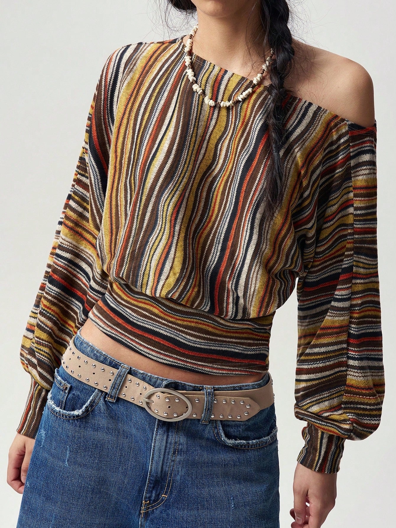 striped off-shoulder long-sleeved T-shirt