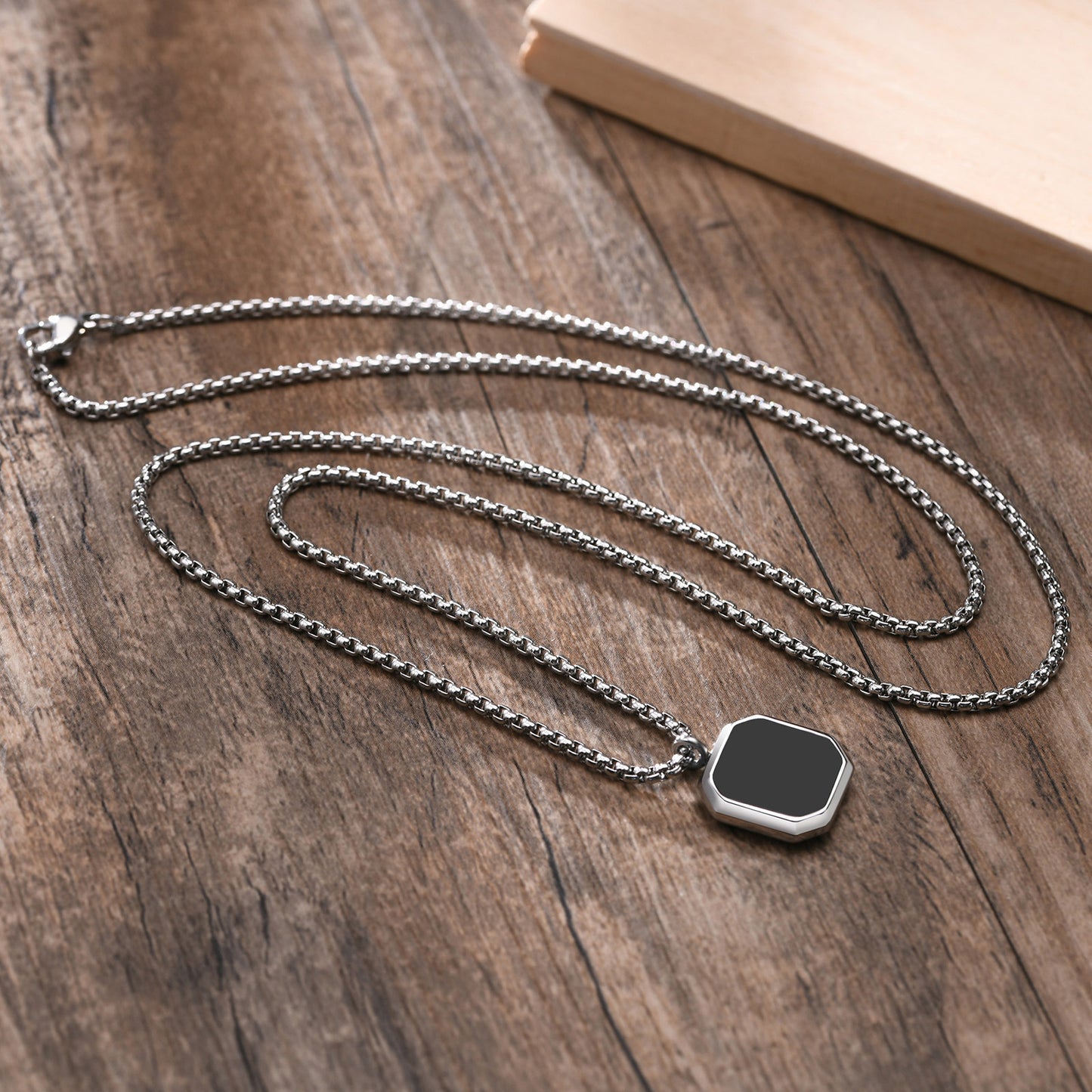 Men's Steel Color Chain & Black Stone Pendant