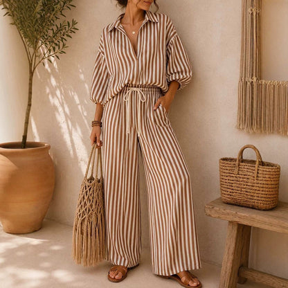 Striped Sleeved Shirt & Loose Pants Two-Piece Set