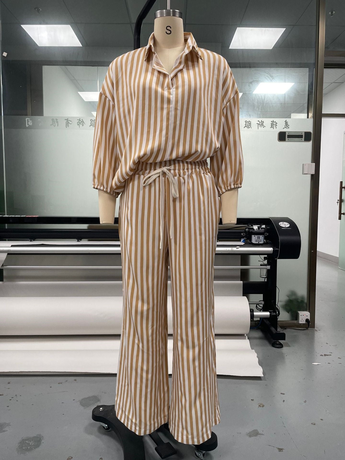 Striped Sleeved Shirt & Loose Pants Two-Piece Set