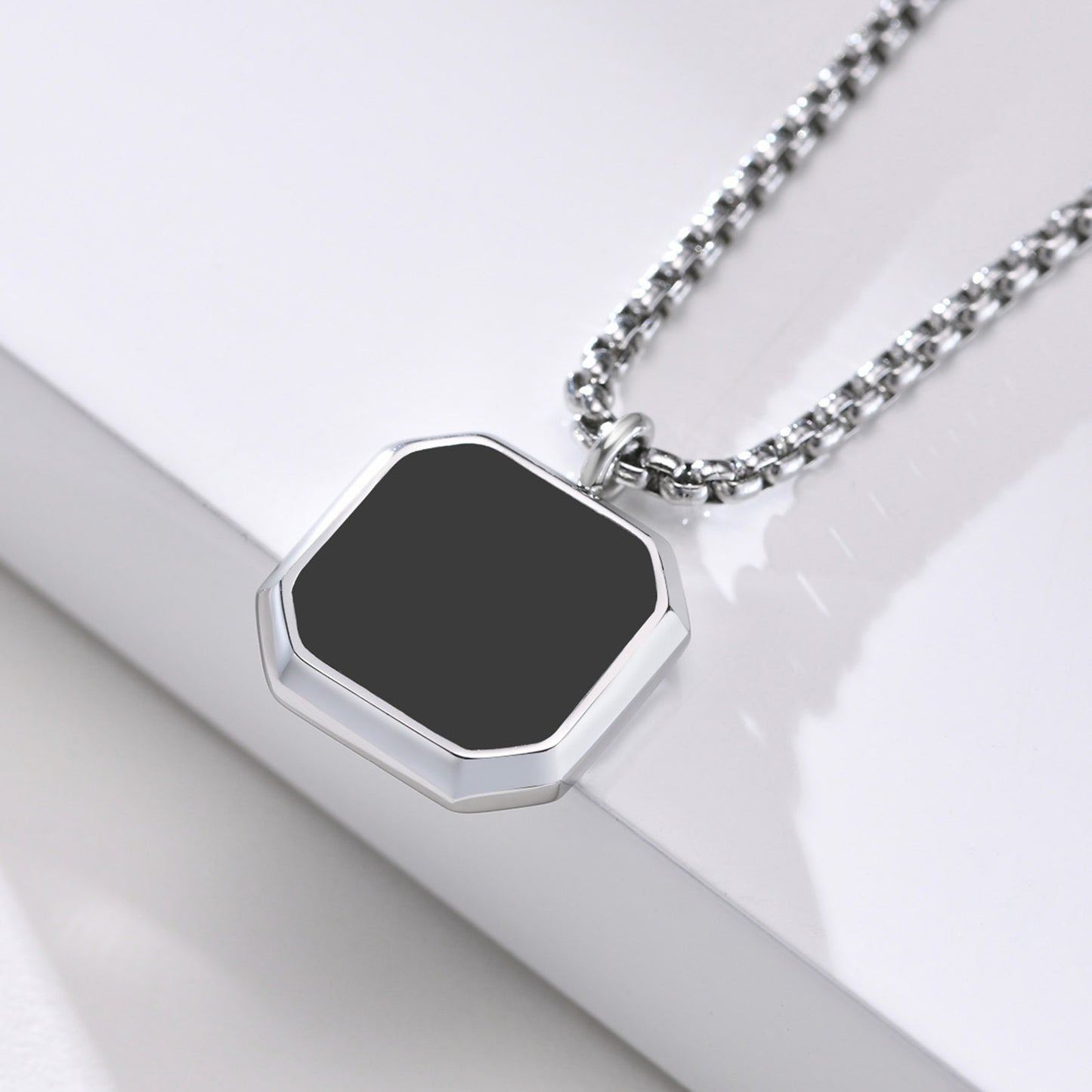 Men's Steel Color Chain & Black Stone Pendant