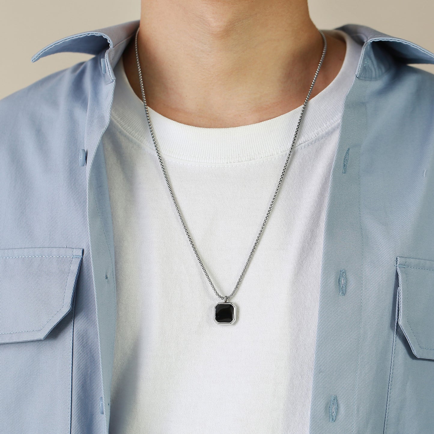 Men's Steel Color Chain & Black Stone Pendant