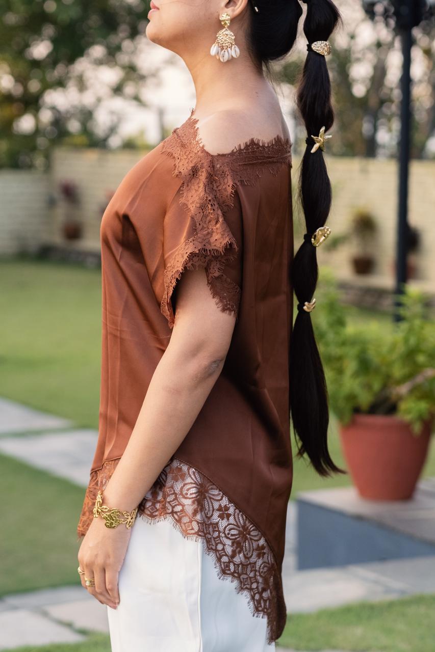 Lace Trim Sleeveless Cami Top Brown