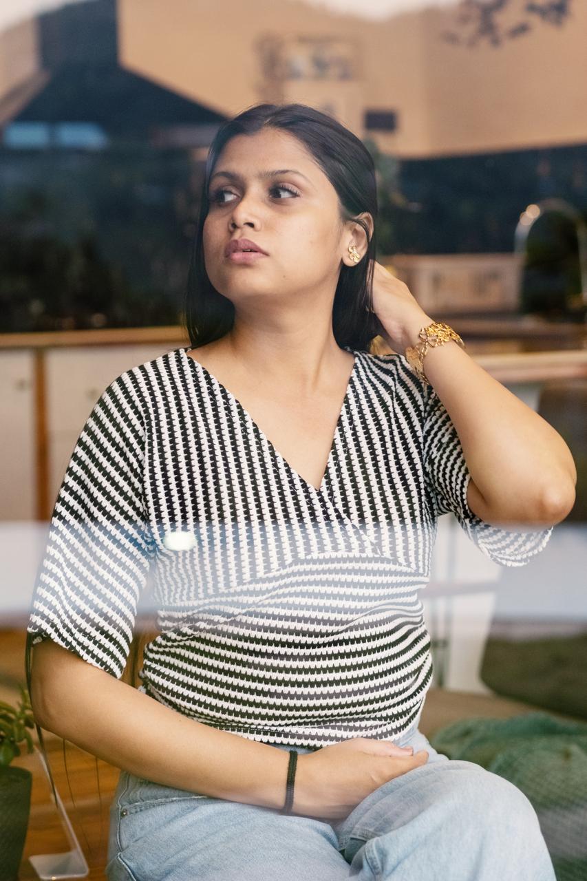Striped V-Neck Relaxed Top Black