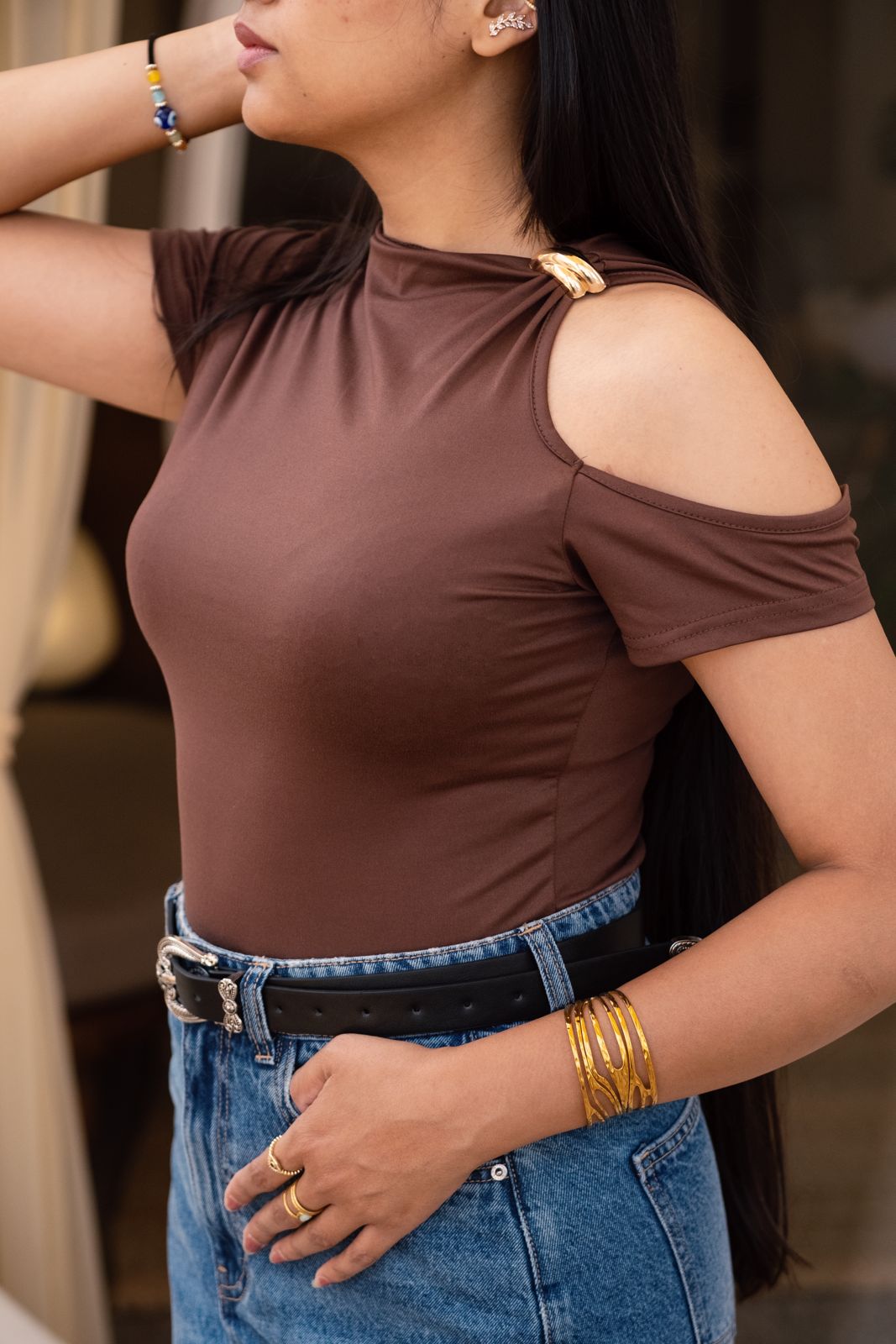 Cold Shoulder Casual Top Brown
