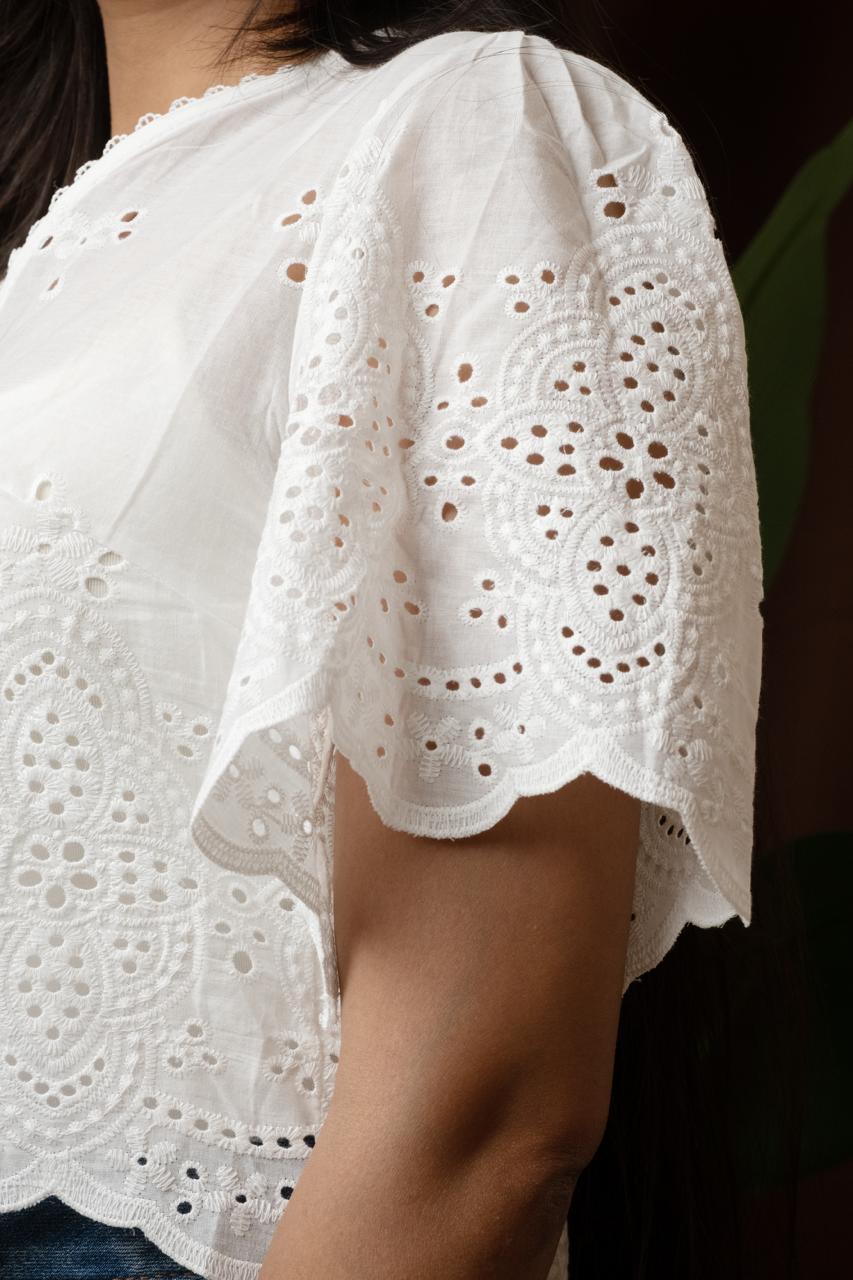Floral Lace V-Neck Top White